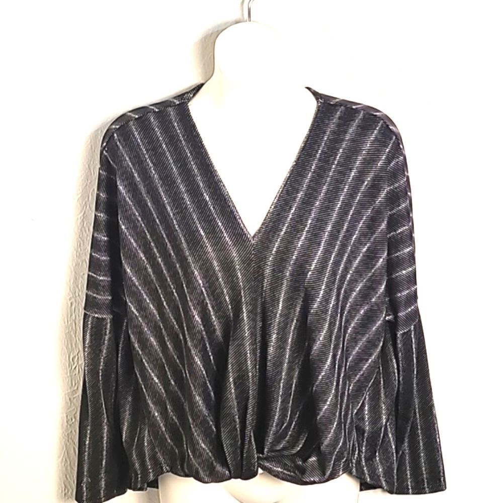 Millibon by Chicos Navy Top w/White Stripes, Knotted Waist in front, Size Small